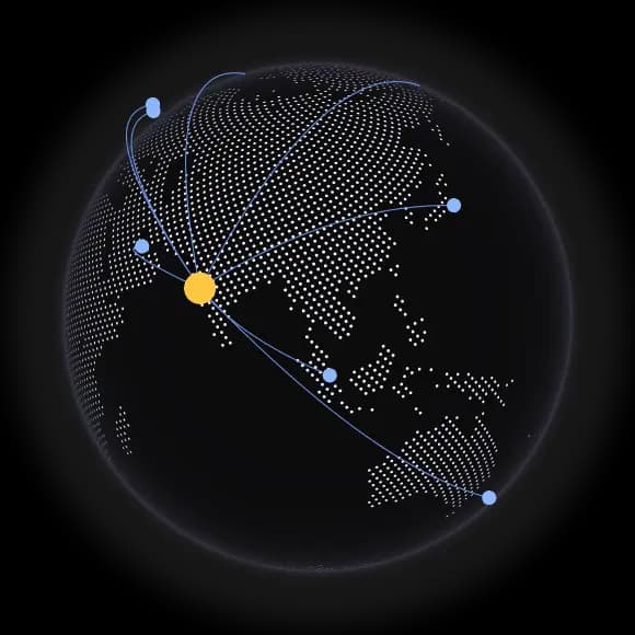 Globe marking Pune, India, with routes to cities across eight timezones